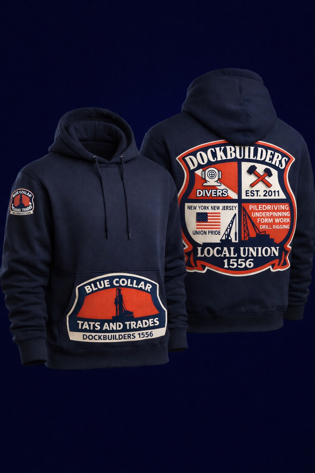 Blue collar tats and trades dock builder crest front pocket hoodie
